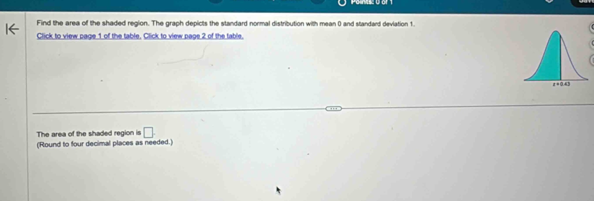 find the area of the shaded region. the graph depicts the standard normal distribution with mean 0 and standard deviation 1. click to view page 1 of the table. click to view page 2 of the table. the area of the shaded region is \n(round to four decimal places as needed.)