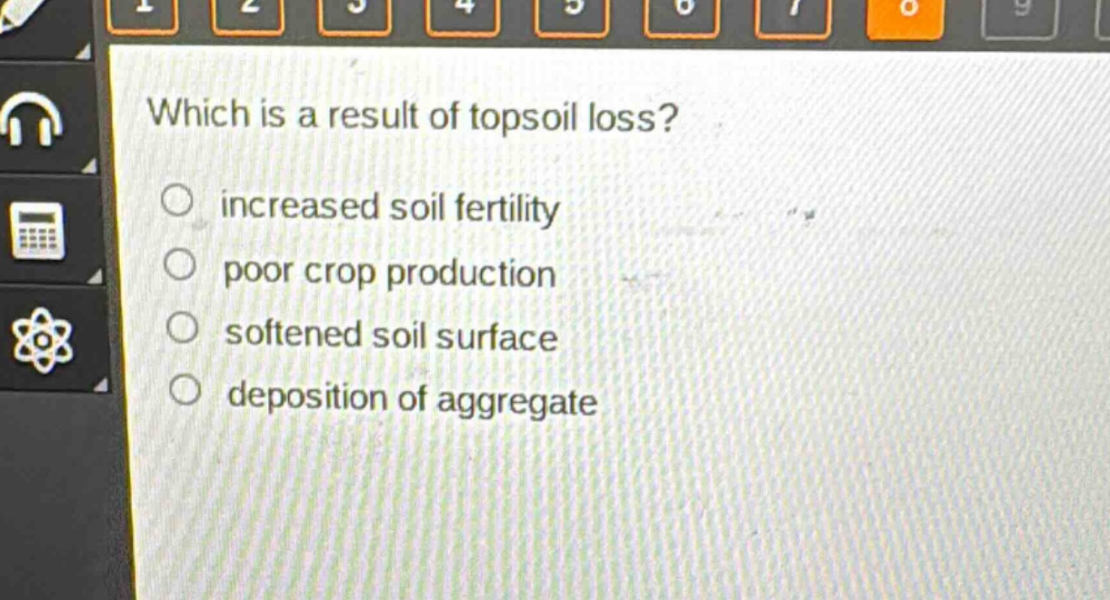 which is a result of topsoil loss?\n○ increased soil fertility\n○ poor crop production\n○ softened soil surface\n○ deposition of aggregate