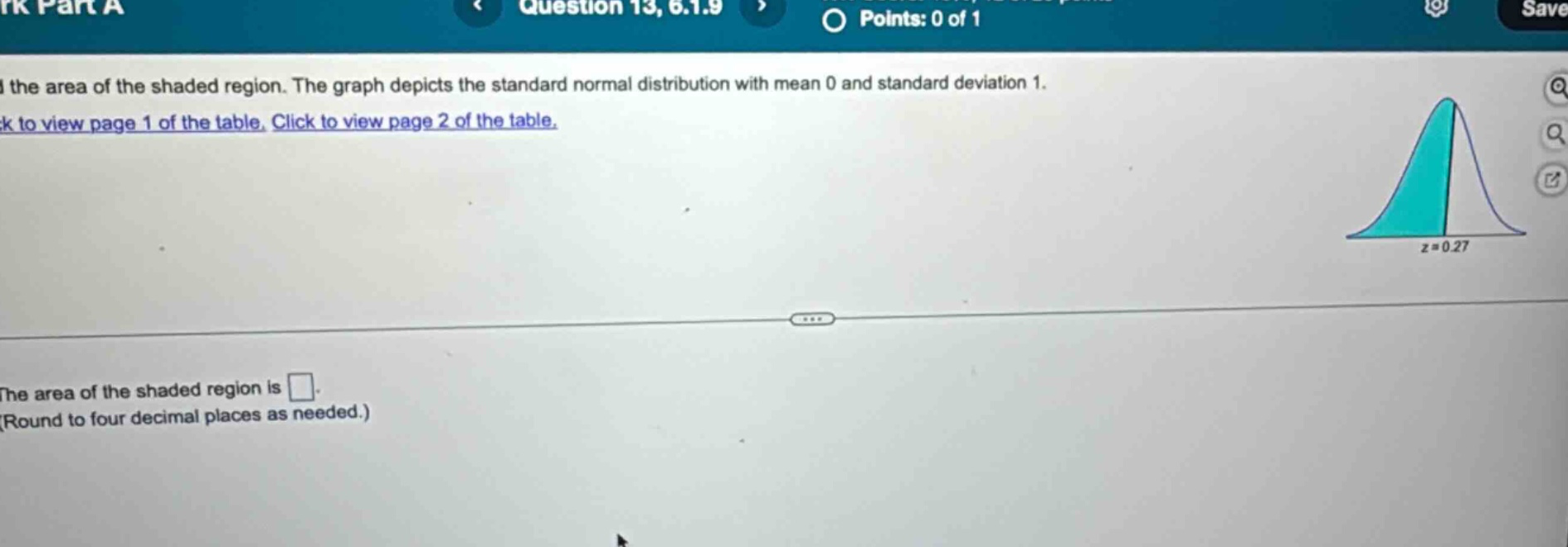 find the area of the shaded region. the graph depicts the standard normal distribution with mean 0 and standard deviation 1. click to view page 1 of the table. click to view page 2 of the table. the area of the shaded region is . (round to four decimal places as needed.)