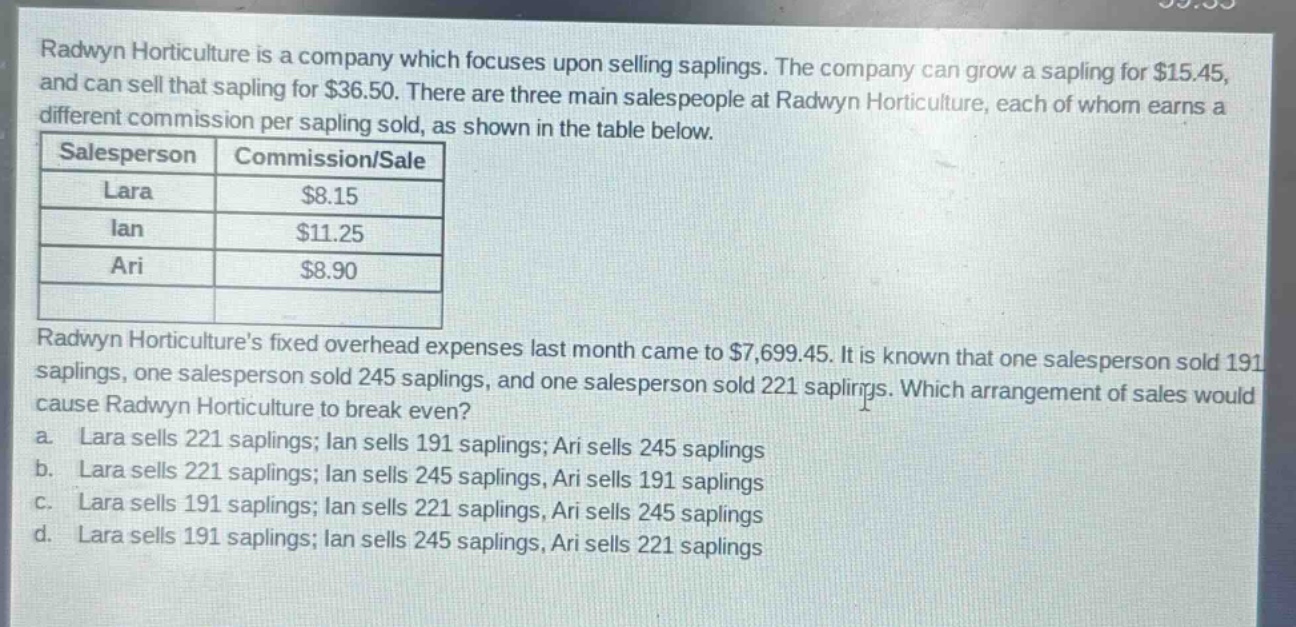 radwyn horticulture is a company which focuses upon selling saplings. the company can grow a sapling for $15.45, and can sell that sapling for $36.50. there are three main salespeople at radwyn horticulture, each of whom earns a different commission per sapling sold, as shown in the table below.\n|salesperson|commission/sale|\n|--|--|\n|lara|$8.15|\n|ian|$11.25|\n|ari|$8.90|\nradwyn horticultures fixed overhead expenses last month came to $7,699.45. it is known that one salesperson sold 191 saplings, one salesperson sold 245 saplings, and one salesperson sold 221 saplings. which arrangement of sales would cause radwyn horticulture to break even?\na. lara sells 221 saplings; ian sells 191 saplings; ari sells 245 saplings\nb. lara sells 221 saplings; ian sells 245 saplings, ari sells 191 saplings\nc. lara sells 191 saplings; ian sells 221 saplings, ari sells 245 saplings\nd. lara sells 191 saplings; ian sells 245 saplings, ari sells 221 saplings