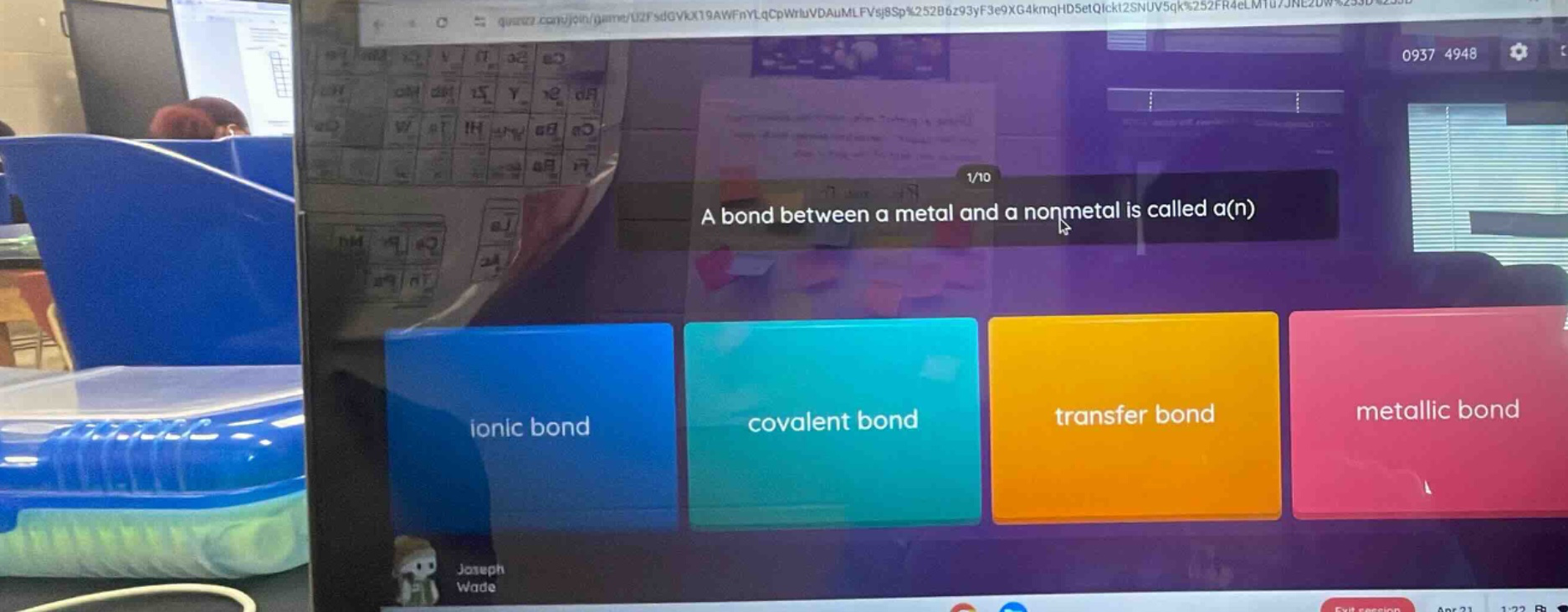 a bond between a metal and a nonmetal is called a(n)\nionic bond\ncovalent bond\ntransfer bond\nmetallic bond