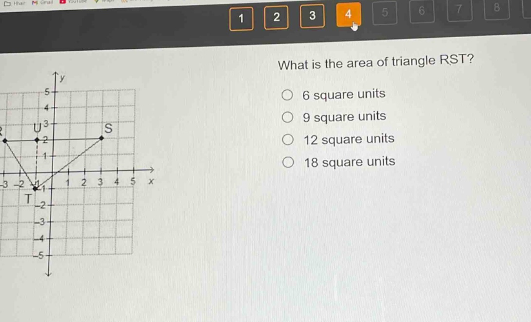 what is the area of triangle rst?\n6 square units\n9 square units\n12 square units\n18 square units