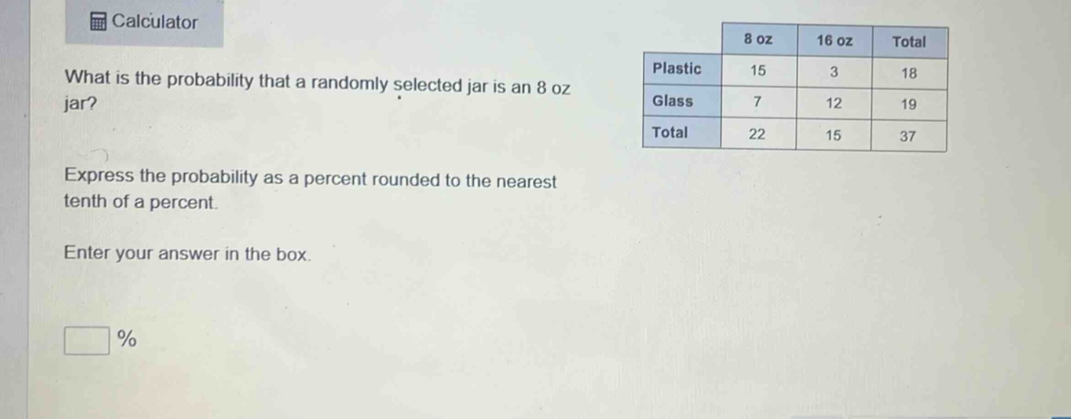 calculator\nwhat is the probability that a randomly selected jar is an 8 oz jar?\nexpress the probability as a percent rounded to the nearest tenth of a percent.\nenter your answer in the box.\n%