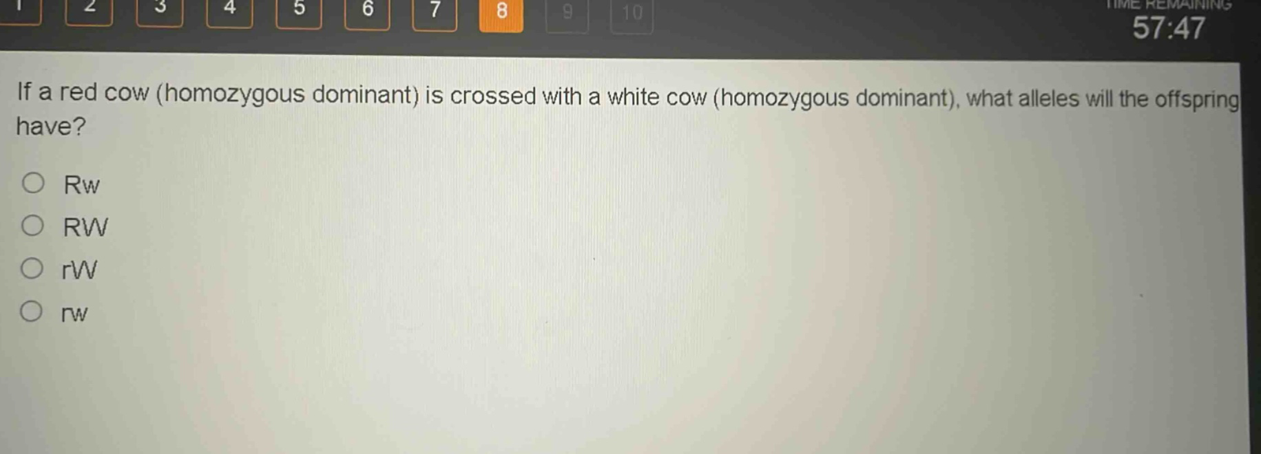 if a red cow (homozygous dominant) is crossed with a white cow (homozygous dominant), what alleles will the offspring have?\n○ rw\n○ rw\n○ rw\n○ rw