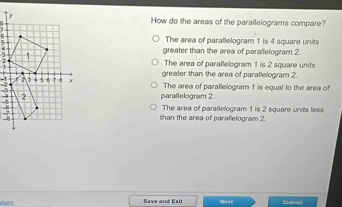 how do the areas of the parallelograms compare? the area of parallelogram 1 is 4 square units greater than the area of parallelogram 2. the area of parallelogram 1 is 2 square units greater than the area of parallelogram 2. the area of parallelogram 1 is equal to the area of parallelogram 2. the area of parallelogram 1 is 2 square units less than the area of parallelogram 2.