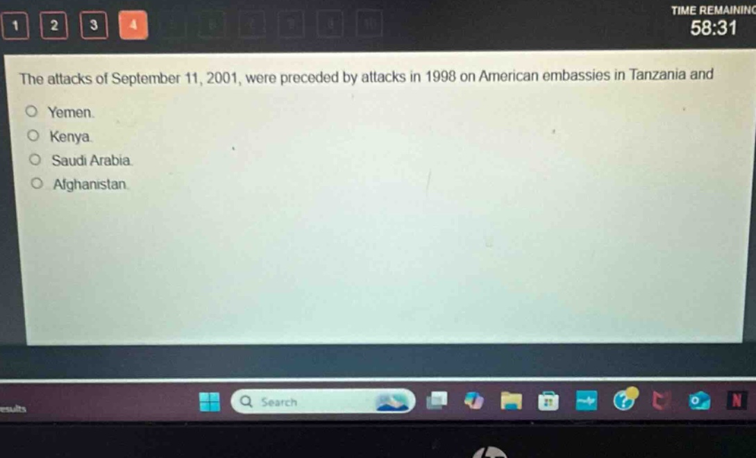 the attacks of september 11, 2001, were preceded by attacks in 1998 on american embassies in tanzania and\no yemen.\no kenya.\no saudi arabia.\no afghanistan.