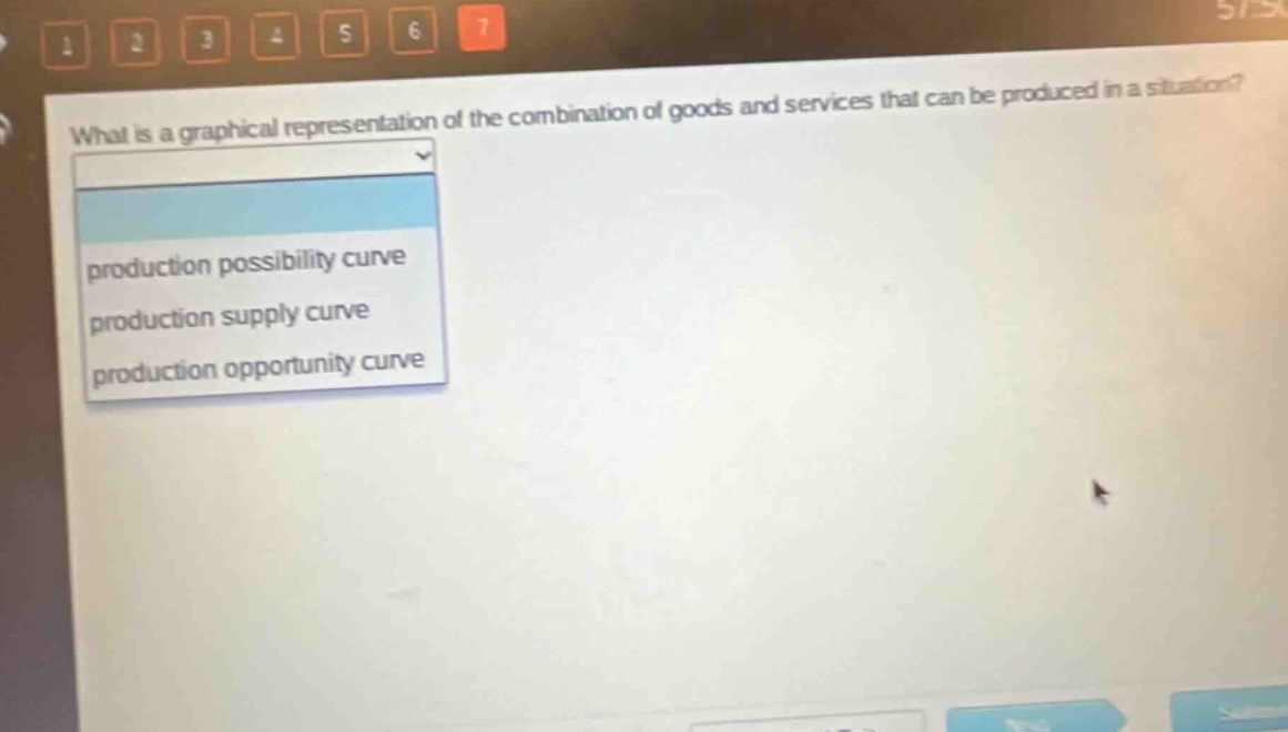 what is a graphical representation of the combination of goods and services that can be produced in a situation?\nproduction possibility curve\nproduction supply curve\nproduction opportunity curve