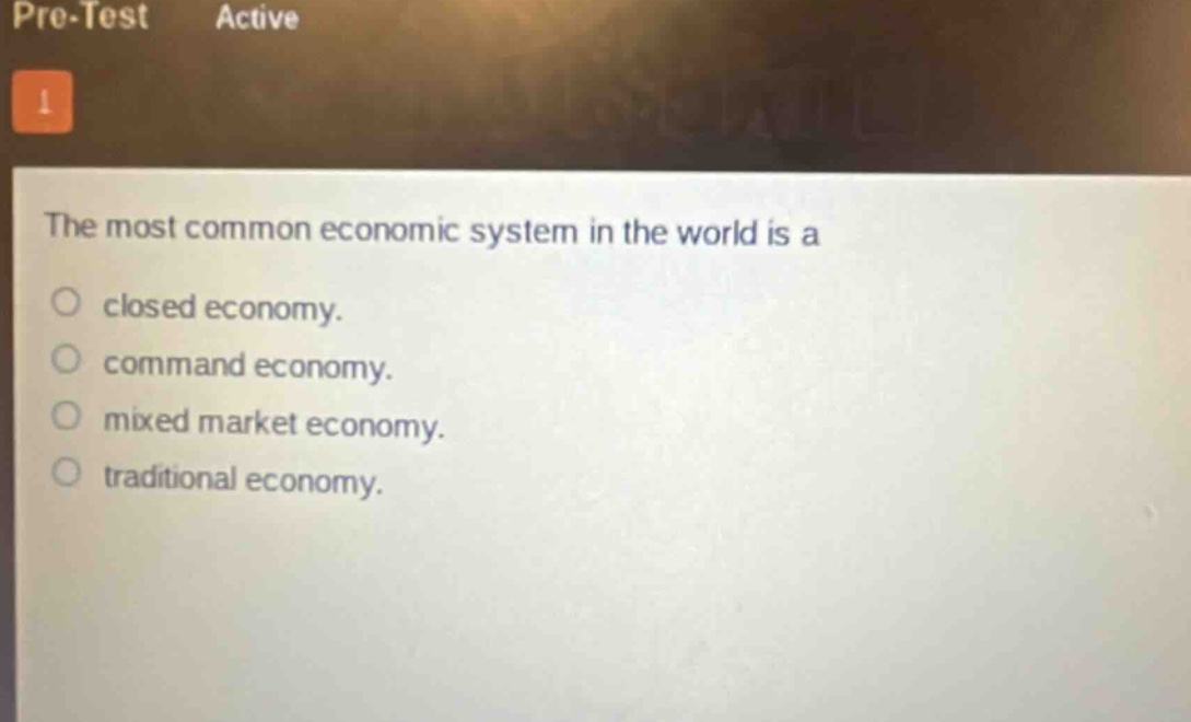 the most common economic system in the world is a\n○ closed economy.\n○ command economy.\n○ mixed market economy.\n○ traditional economy.