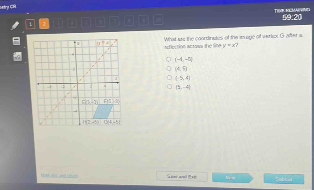 what are the coordinates of the image of vertex g after a reflection across the line y = x? (-4,-5) (4,5) (-5,4) (5,-4) e(3,-3) f(5,-3) h(2,-5) g(4,-5)