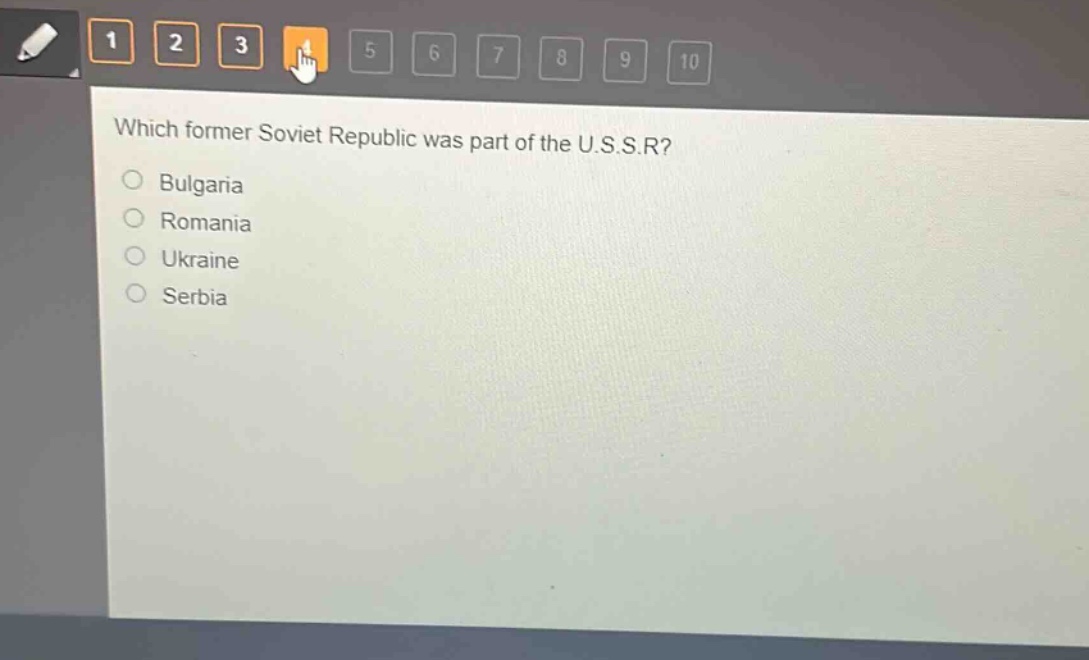 which former soviet republic was part of the u.s.s.r?\n○ bulgaria\n○ romania\n○ ukraine\n○ serbia