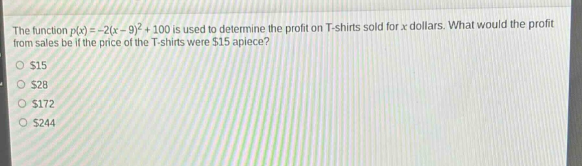 the function $p(x)=-2(x - 9)^2+100$ is used to determine the profit on t - shirts sold for $x$ dollars. what would the profit from sales be if the price of the t - shirts were $15$ apiece?\n$15\n$28\n$172\n$244