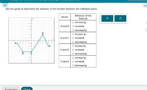 use the graph to determine the behavior of the function between the indicated points.\npoints behavior of the function\na and b \n increasing\n constant\n decreasing\nb and c \n increasing\n constant\n decreasing\nc and d \n increasing\n constant\n decreasing\nd and e \n increasing\n constant\n decreasing