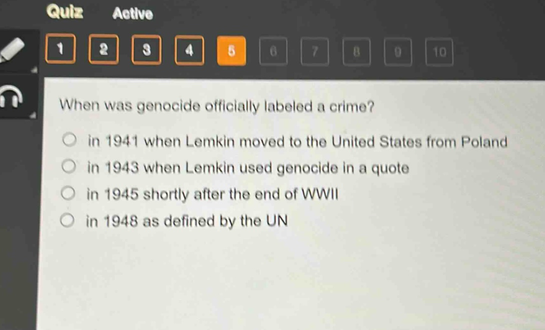 when was genocide officially labeled a crime?\n in 1941 when lemkin moved to the united states from poland\n in 1943 when lemkin used genocide in a quote\n in 1945 shortly after the end of wwii\n in 1948 as defined by the un