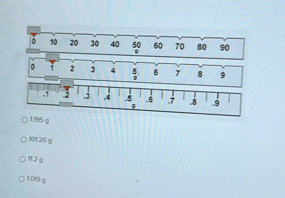 o 1.195 g\no 101.20 g\no 11.2 g\no 1.019 g