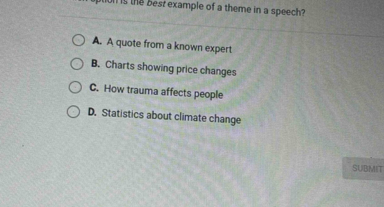 which option is the best example of a theme in a speech?\na. a quote from a known expert\nb. charts showing price changes\nc. how trauma affects people\nd. statistics about climate change