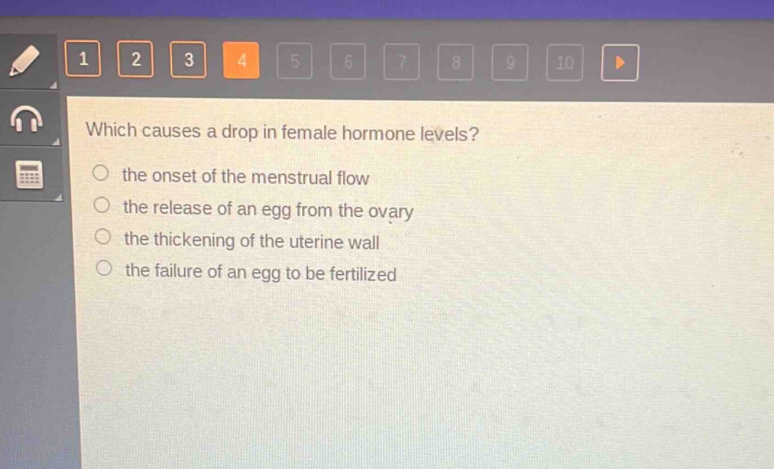 which causes a drop in female hormone levels?\n the onset of the menstrual flow\n the release of an egg from the ovary\n the thickening of the uterine wall\n the failure of an egg to be fertilized