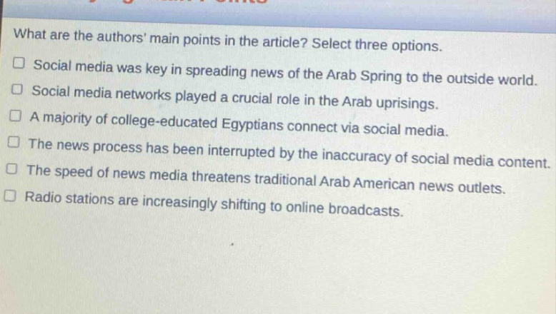 what are the authors main points in the article? select three options.\n□ social media was key in spreading news of the arab spring to the outside world.\n□ social media networks played a crucial role in the arab uprisings.\n□ a majority of college - educated egyptians connect via social media.\n□ the news process has been interrupted by the inaccuracy of social media content.\n□ the speed of news media threatens traditional arab american news outlets.\n□ radio stations are increasingly shifting to online broadcasts.