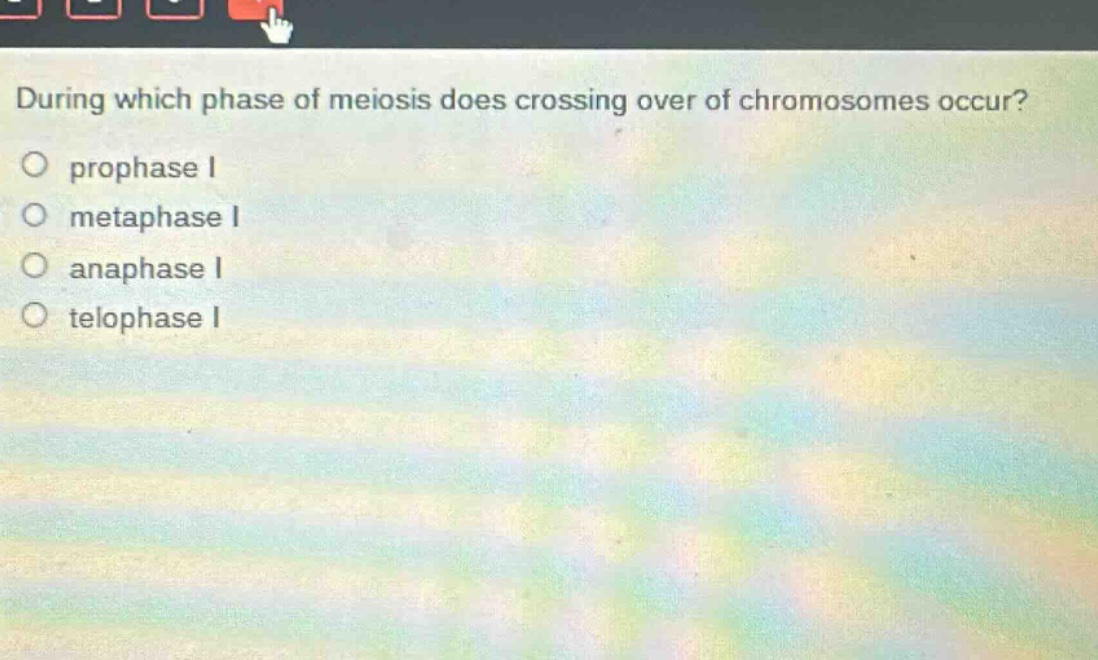 during which phase of meiosis does crossing over of chromosomes occur?\no prophase i\no metaphase i\no anaphase i\no telophase i