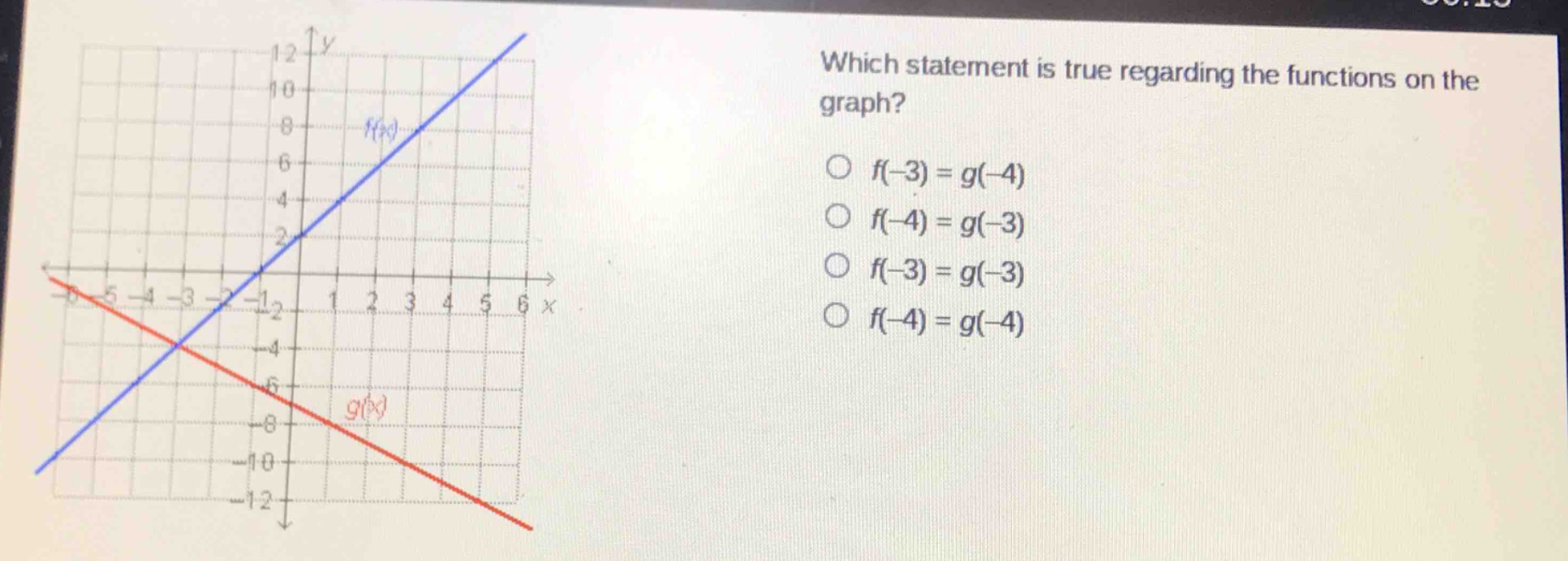 which statement is true regarding the functions on the graph?\n○ f(-3)=g(-4)\n○ f(-4)=g(-3)\n○ f(-3)=g(-3)\n○ f(-4)=g(-4)