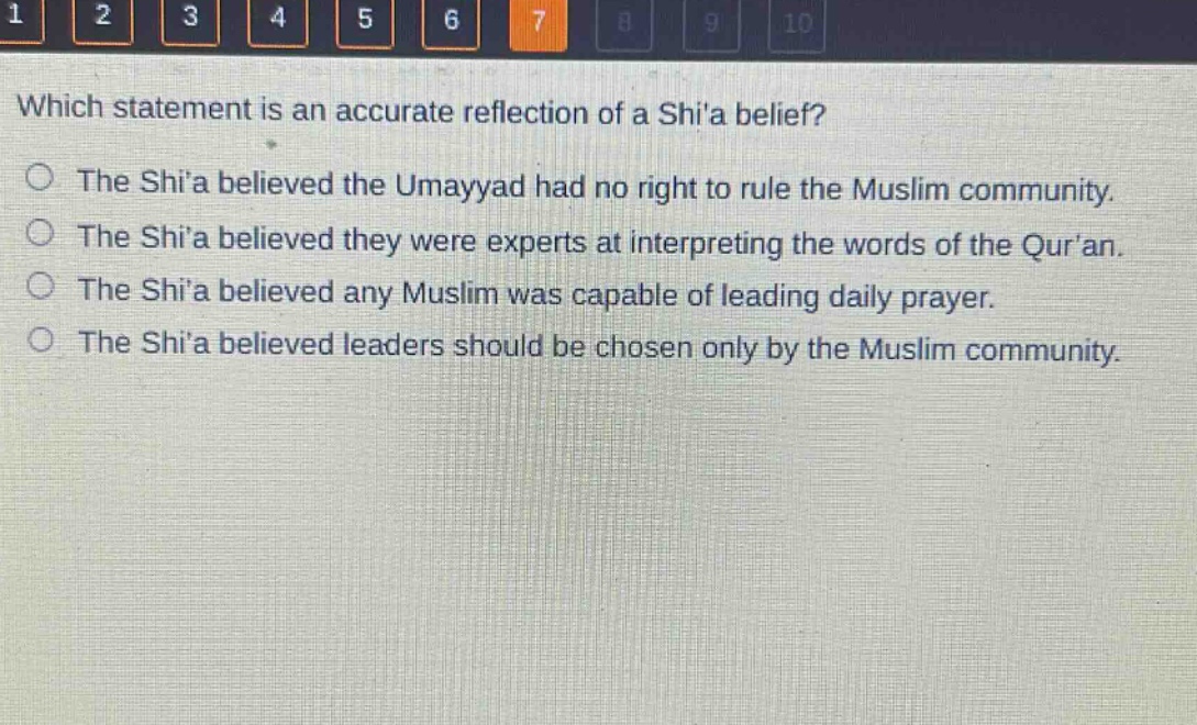 which statement is an accurate reflection of a shia belief?\nthe shia believed the umayyad had no right to rule the muslim community.\nthe shia believed they were experts at interpreting the words of the quran.\nthe shia believed any muslim was capable of leading daily prayer.\nthe shia believed leaders should be chosen only by the muslim community.
