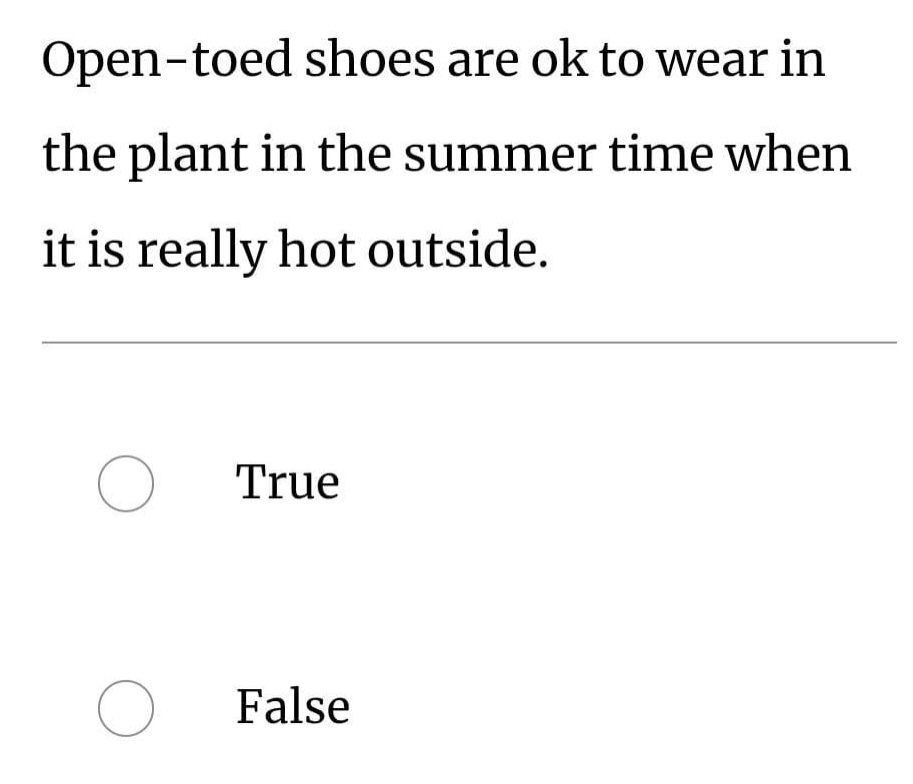 open - toed shoes are ok to wear in the plant in the summer time when it is really hot outside.\ntrue\nfalse