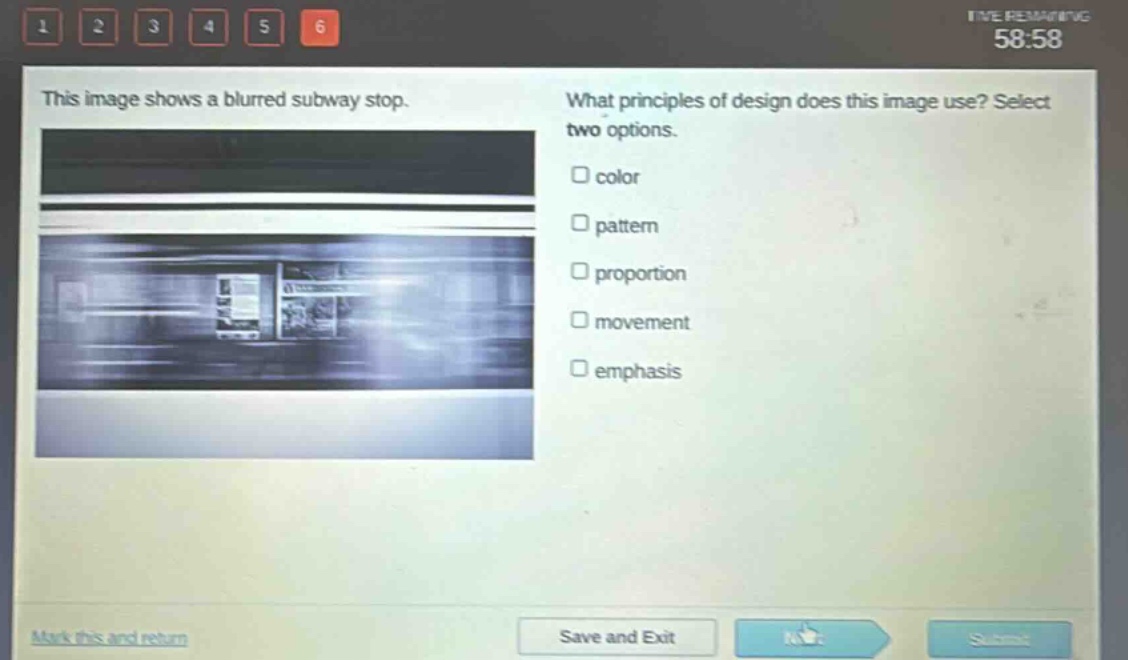 this image shows a blurred subway stop. what principles of design does this image use? select two options. color pattern proportion movement emphasis
