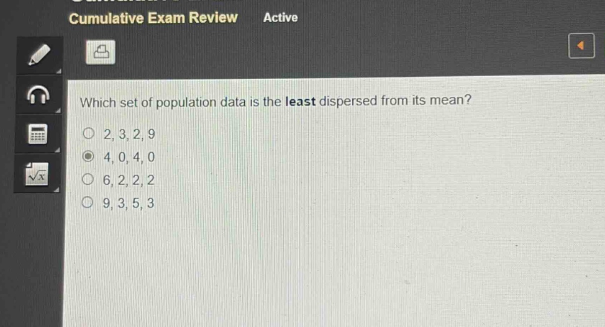 which set of population data is the least dispersed from its mean?\n2, 3, 2, 9\n4, 0, 4, 0\n6, 2, 2, 2\n9, 3, 5, 3