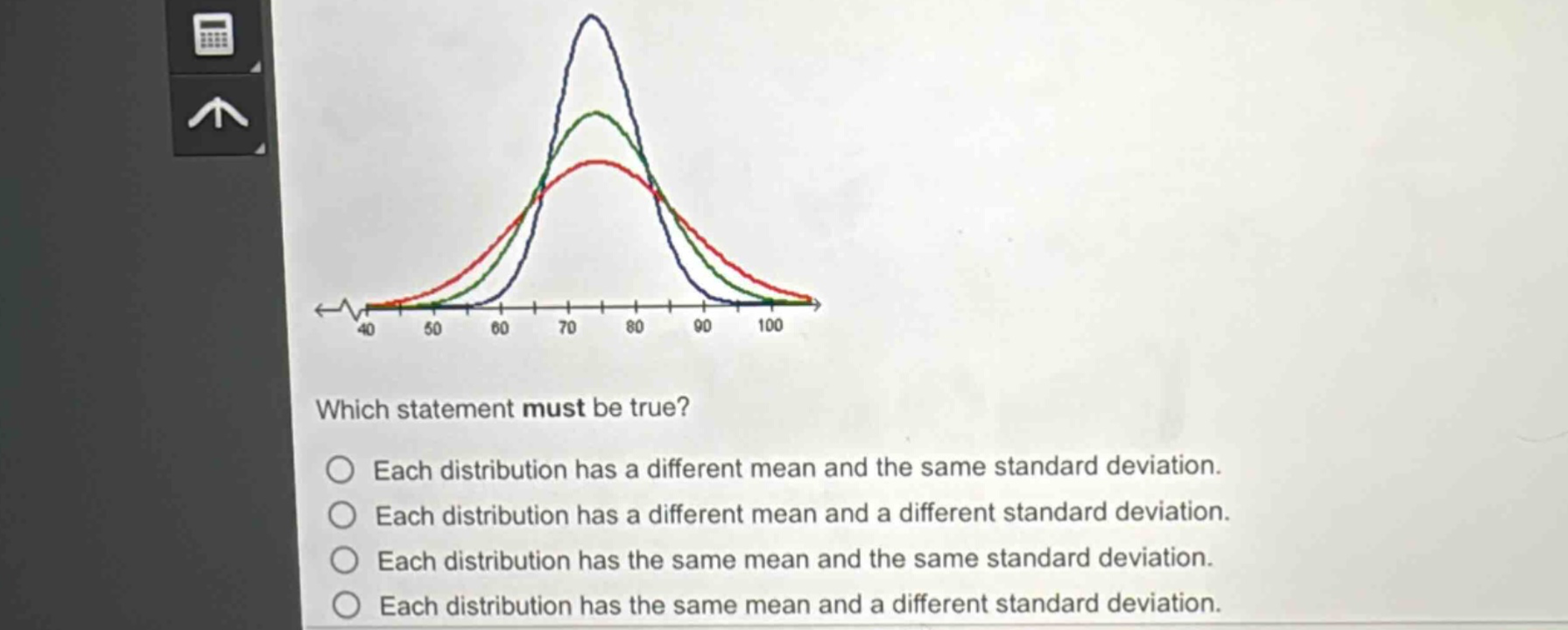 which statement must be true?\neach distribution has a different mean and the same standard deviation.\neach distribution has a different mean and a different standard deviation.\neach distribution has the same mean and the same standard deviation.\neach distribution has the same mean and a different standard deviation.