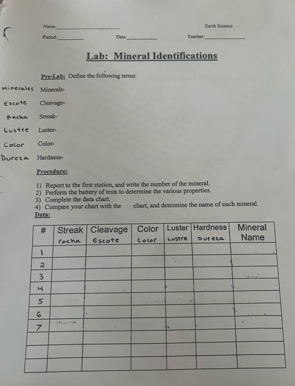 name:______ earth science\nperiod:______ date:______ teacher:______\nlab: mineral identifications\npre - lab: define the following terms:\nminerales minerals-\nescote cleavage-\nracha streak-\nlustre luster-\ncolor color-\ndureza hardness-\nprocedure:\n1) report to the first station, and write the number of the mineral.\n2) perform the battery of tests to determine the various properties.\n3) complete the data chart.\n4) compare your chart with the chart, and determine the name of each mineral.\ndata:\n| # | streak racha | cleavage escote | color color | luster lustre | hardness dureza | mineral name |\n| 1 | | | | | | |\n| 2 | | | | | | |\n| 3 | | | | | | |\n| 4 | | | | | | |\n| 5 | | | | | | |\n| 6 | | | | | | |\n| 7 | | | | | | |