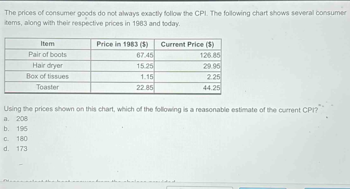 the prices of consumer goods do not always exactly follow the cpi. the following chart shows several consumer items, along with their respective prices in 1983 and today.\n| item | price in 1983 ($) | current price ($) |\n|--|--|--|\n| pair of boots | 67.45 | 126.85 |\n| hair dryer | 15.25 | 29.95 |\n| box of tissues | 1.15 | 2.25 |\n| toaster | 22.85 | 44.25 |\nusing the prices shown on this chart, which of the following is a reasonable estimate of the current cpi?\n a. 208\n b. 195\n c. 180\n d. 173