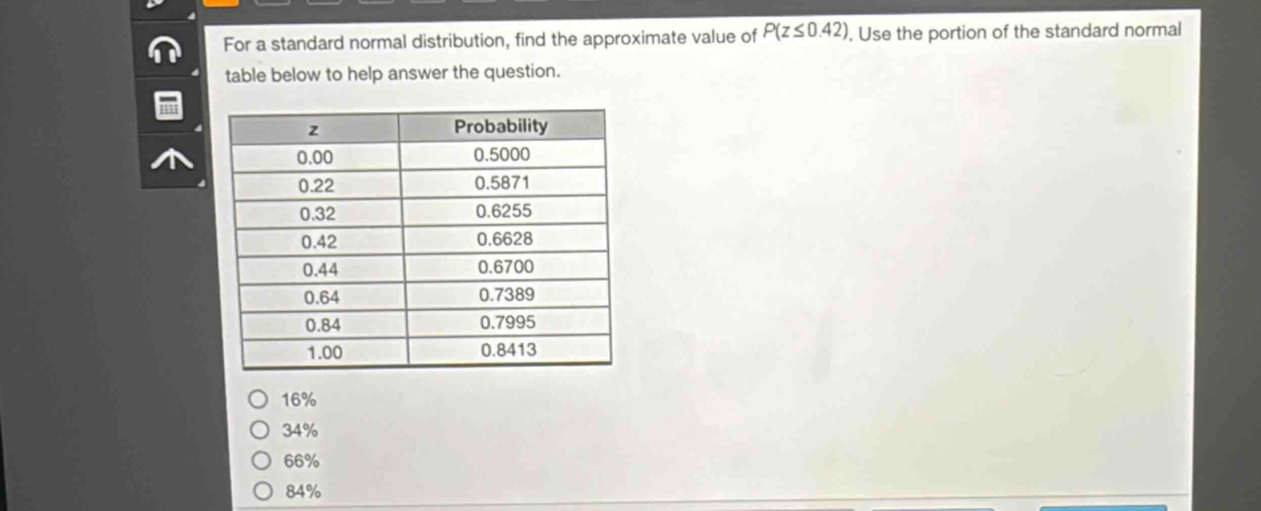 for a standard normal distribution, find the approximate value of $p(z\\leq0.42)$. use the portion of the standard normal table below to help answer the question.\n| z | probability |\n| ---- | ---- |\n| 0.00 | 0.5000 |\n| 0.22 | 0.5871 |\n| 0.32 | 0.6255 |\n| 0.42 | 0.6628 |\n| 0.44 | 0.6700 |\n| 0.64 | 0.7389 |\n| 0.84 | 0.7995 |\n| 1.00 | 0.8413 |\n16%\n34%\n66%\n84%