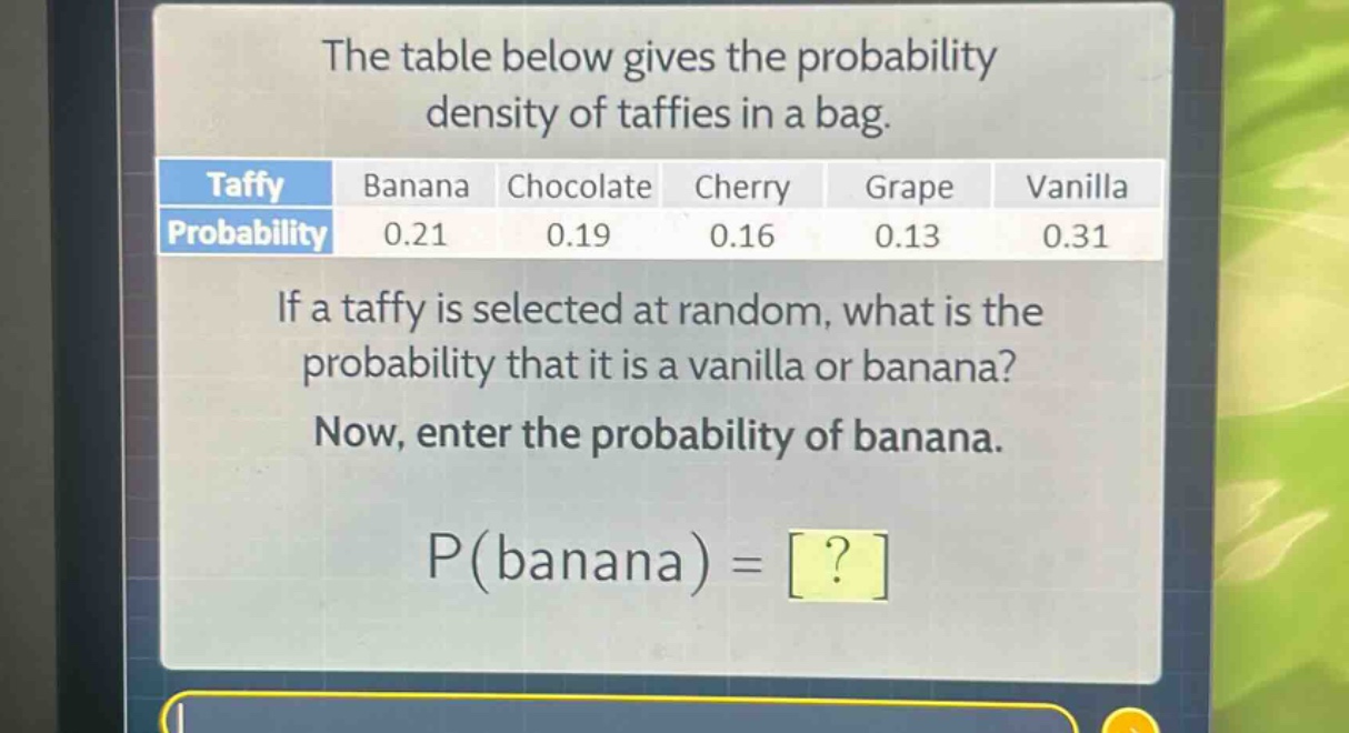 the table below gives the probability density of taffies in a bag.\n| taffy | banana | chocolate | cherry | grape | vanilla |\n| probability | 0.21 | 0.19 | 0.16 | 0.13 | 0.31 |\nif a taffy is selected at random, what is the probability that it is a vanilla or banana?\nnow, enter the probability of banana.\np(banana) = ?