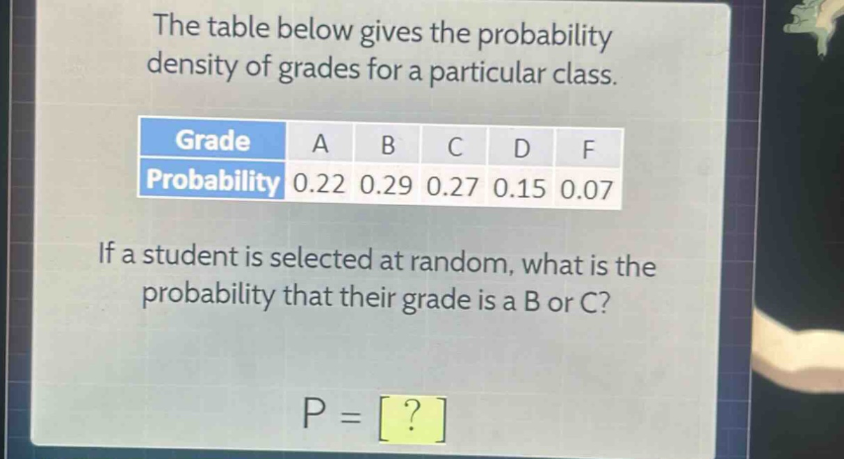 the table below gives the probability density of grades for a particular class.\ngrade a b c d f\nprobability 0.22 0.29 0.27 0.15 0.07\nif a student is selected at random, what is the probability that their grade is a b or c?\np = ?