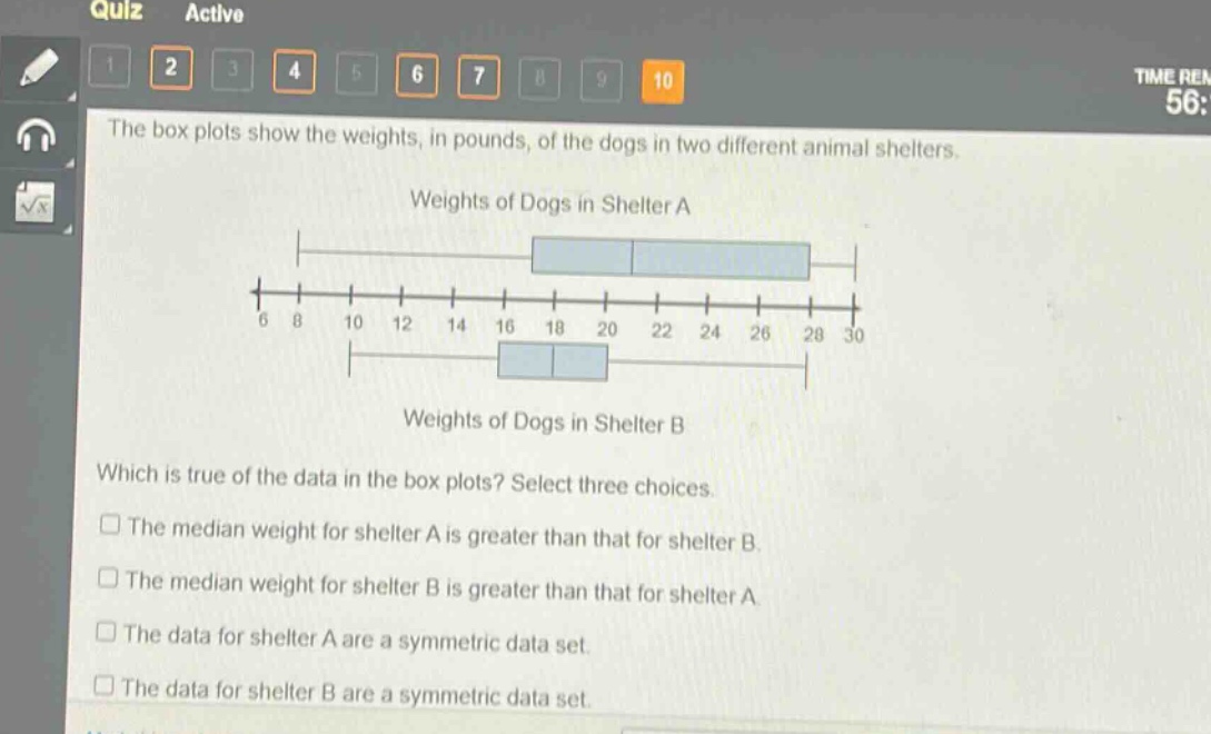 the box plots show the weights, in pounds, of the dogs in two different animal shelters. weights of dogs in shelter a weights of dogs in shelter b which is true of the data in the box plots? select three choices. the median weight for shelter a is greater than that for shelter b. the median weight for shelter b is greater than that for shelter a. the data for shelter a are a symmetric data set. the data for shelter b are a symmetric data set.