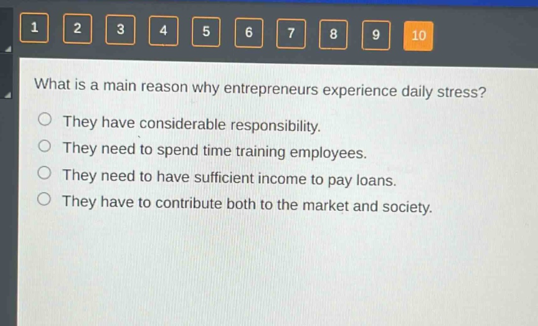what is a main reason why entrepreneurs experience daily stress?\nthey have considerable responsibility.\nthey need to spend time training employees.\nthey need to have sufficient income to pay loans.\nthey have to contribute both to the market and society.