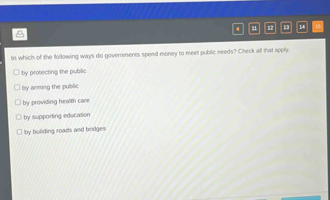 in which of the following ways do governments spend money to meet public needs? check all that apply.\n□ by protecting the public\n□ by arming the public\n□ by providing health care\n□ by supporting education\n□ by building roads and bridges