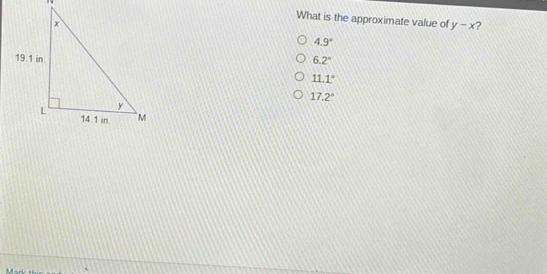 what is the approximate value of y - x?\n4.9°\n6.2°\n11.1°\n17.2°
