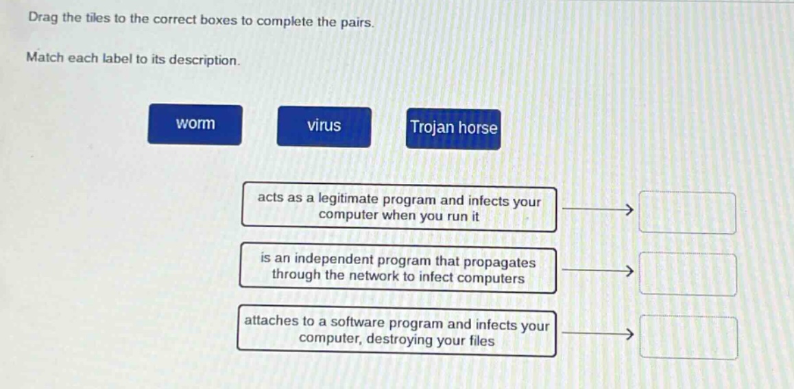 drag the tiles to the correct boxes to complete the pairs. match each label to its description. worm virus trojan horse acts as a legitimate program and infects your computer when you run it is an independent program that propagates through the network to infect computers attaches to a software program and infects your computer, destroying your files