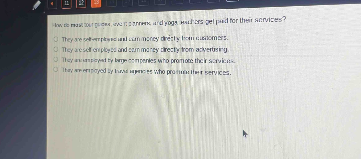 how do most tour guides, event planners, and yoga teachers get paid for their services?\nthey are self - employed and earn money directly from customers.\nthey are self - employed and earn money directly from advertising.\nthey are employed by large companies who promote their services.\nthey are employed by travel agencies who promote their services.