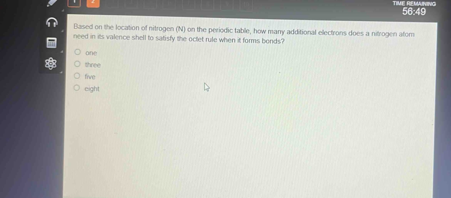 based on the location of nitrogen (n) on the periodic table, how many additional electrons does a nitrogen atom need in its valence shell to satisfy the octet rule when it forms bonds?\none\nthree\nfive\neight