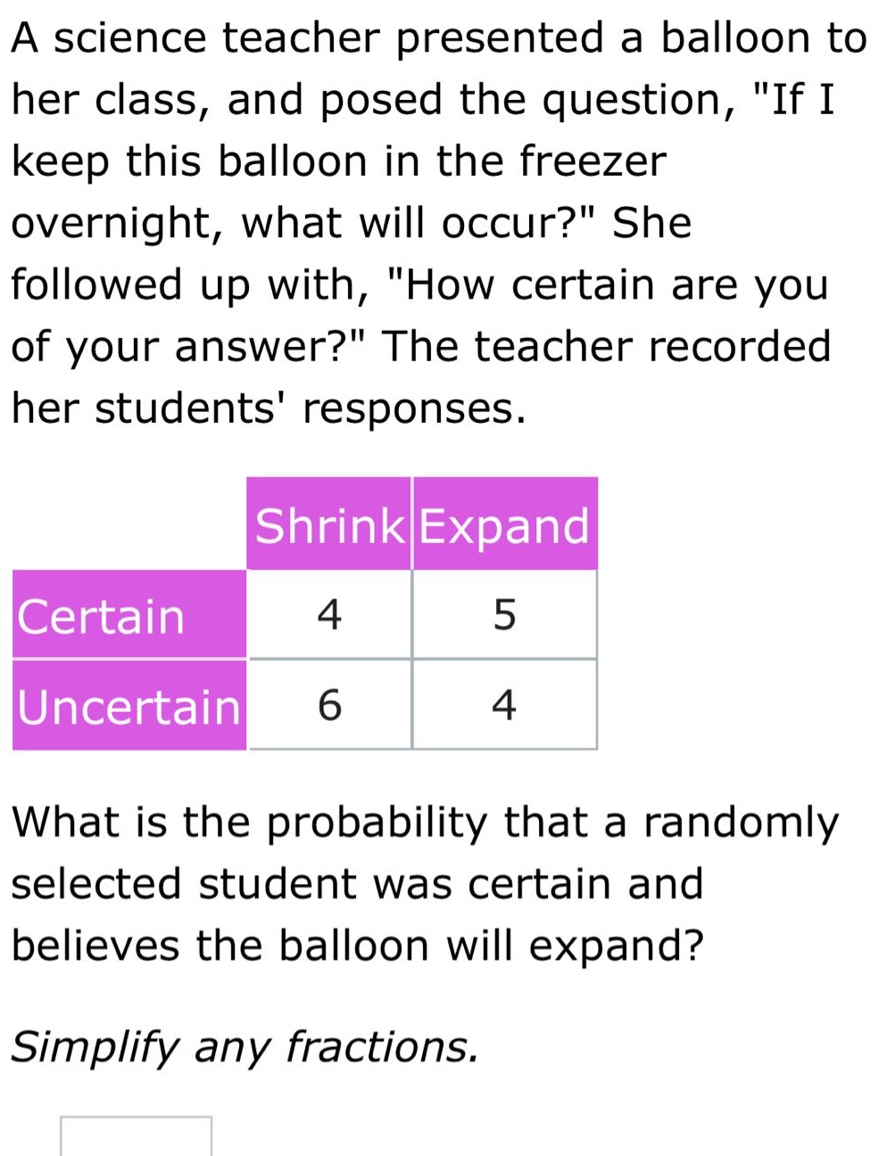 a science teacher presented a balloon to her class, and posed the question, \if i keep this balloon in the freezer overnight, what will occur?\ she followed up with, \how certain are you of your answer?\ the teacher recorded her students responses.\n| |shrink|expand|\n|--|--|--|\n|certain|4|5|\n|uncertain|6|4|\nwhat is the probability that a randomly selected student was certain and believes the balloon will expand?\nsimplify any fractions.