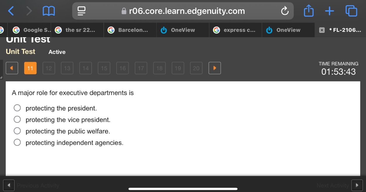a major role for executive departments is\nprotecting the president.\nprotecting the vice president.\nprotecting the public welfare.\nprotecting independent agencies.
