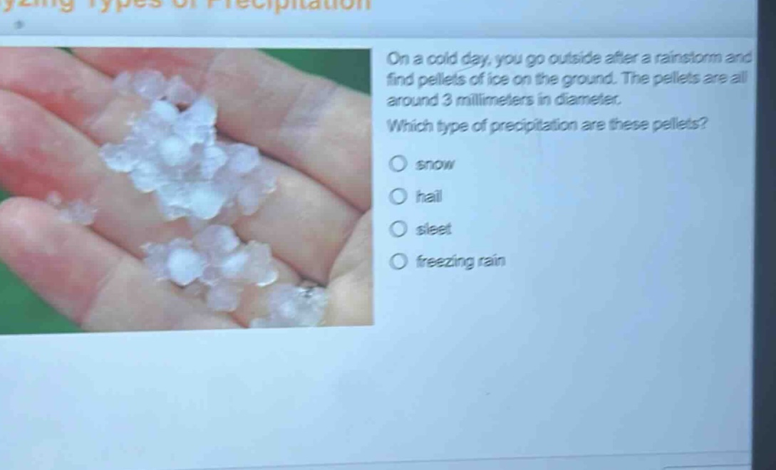 on a cold day, you go outside after a rainstorm and find pellets of ice on the ground. the pellets are all around 3 millimeters in diameter. which type of precipitation are these pellets?\no snow\no hail\no sleet\no freezing rain