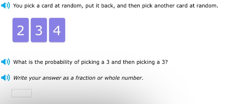 you pick a card at random, put it back, and then pick another card at random. what is the probability of picking a 3 and then picking a 3? write your answer as a fraction or whole number.