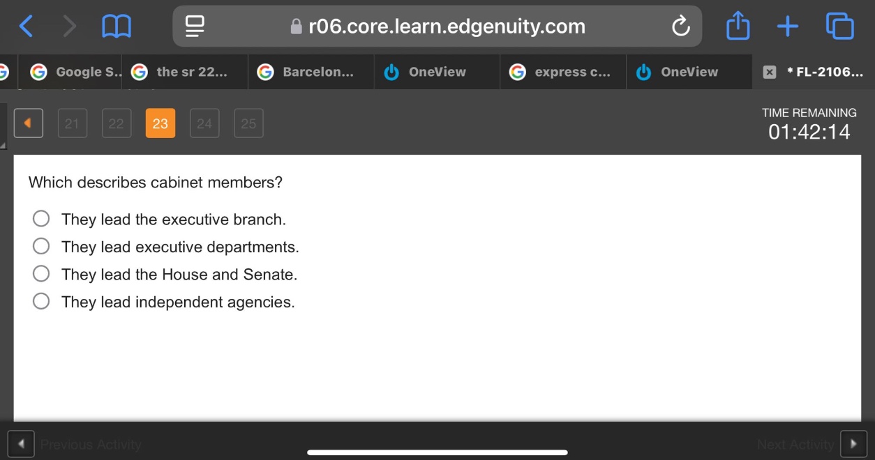 which describes cabinet members?\nthey lead the executive branch.\nthey lead executive departments.\nthey lead the house and senate.\nthey lead independent agencies.
