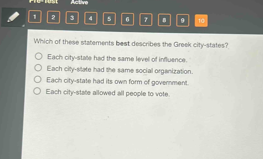 which of these statements best describes the greek city - states?\neach city - state had the same level of influence.\neach city - state had the same social organization.\neach city - state had its own form of government.\neach city - state allowed all people to vote.