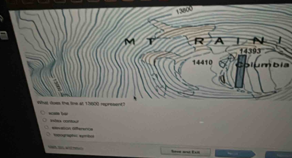what does the line at 13600 represent?\nscale bar\nindex contour\nelevation difference\ntopographic symbol