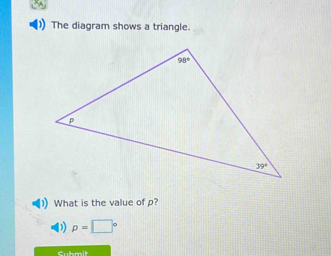 the diagram shows a triangle. what is the value of p? p = □°