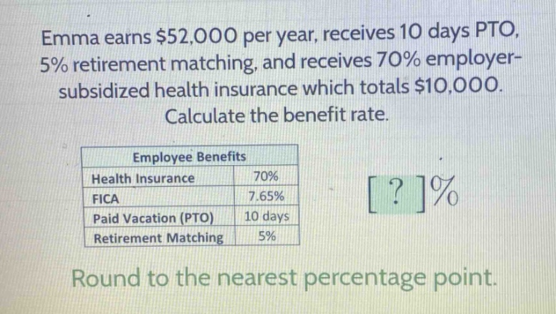 emma earns $52,000 per year, receives 10 days pto, 5% retirement matching, and receives 70% employer - subsidized health insurance which totals $10,000. calculate the benefit rate.\n\nemployee benefits\nhealth insurance 70%\nfica 7.65%\npaid vacation (pto) 10 days\nretirement matching 5%\n\nround to the nearest percentage point.