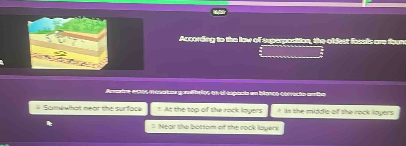 according to the law of superposition, the oldest fossils are found\n\narrastre estos mensajes y subtítulos en el espacio en blanco correcto arriba\nsomewhat near the surface at the top of the rock layers in the middle of the rock layers near the bottom of the rock layers